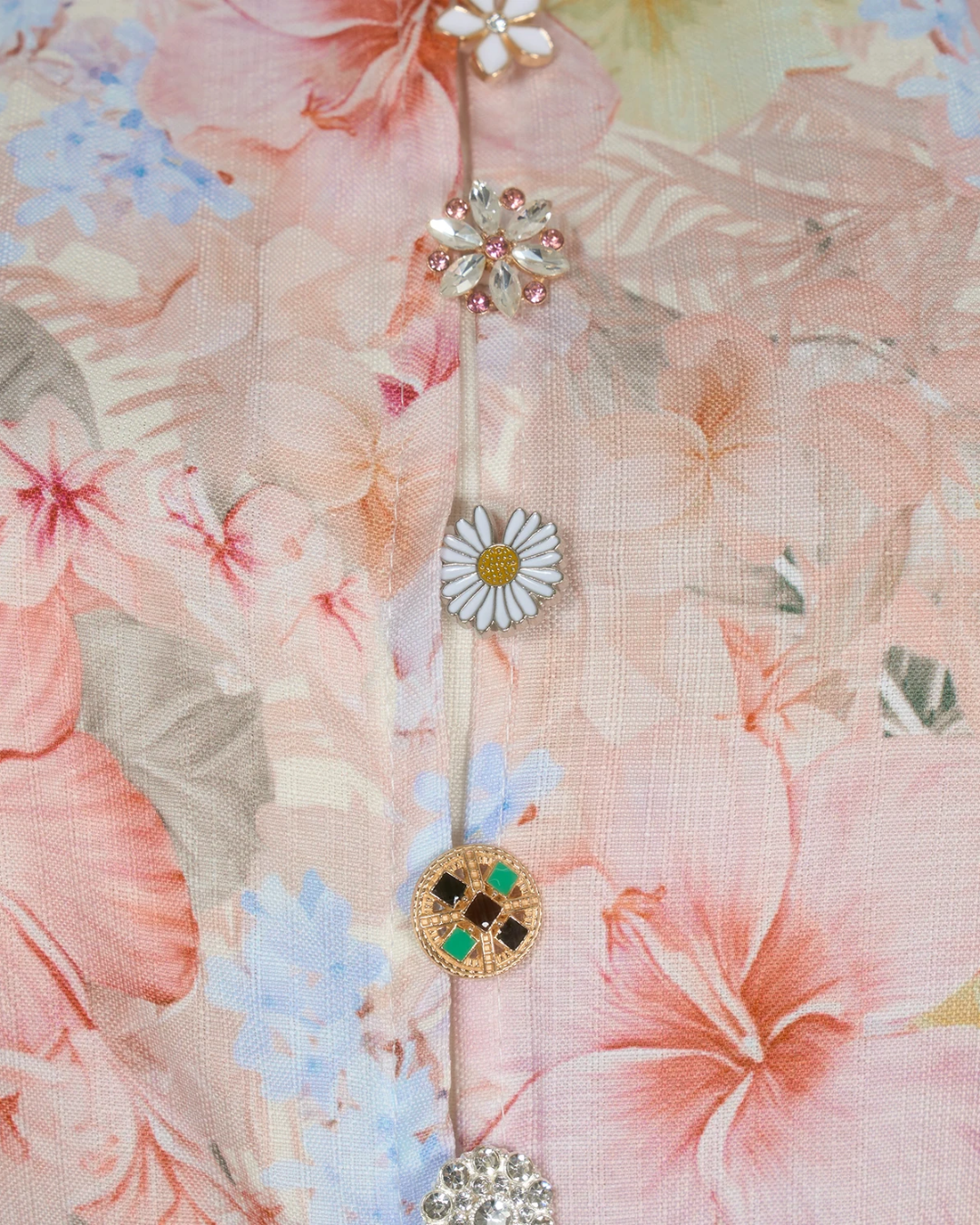 Amélia Pink Floral Jeweled Button Mini Dress
