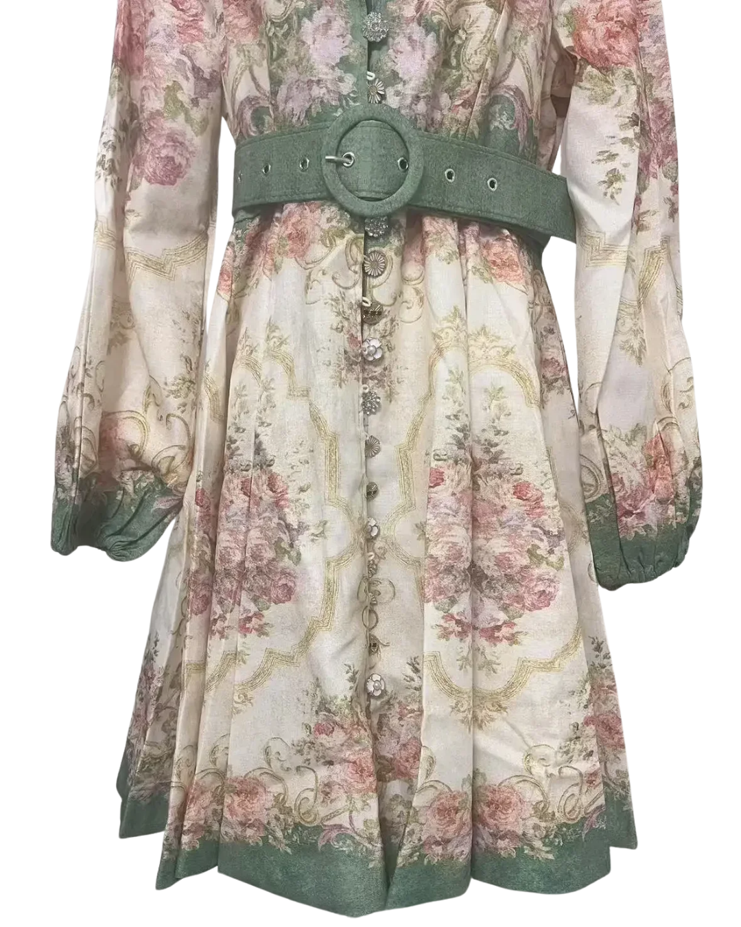 Isadora Sage Floral Belted Button Mini Dress
