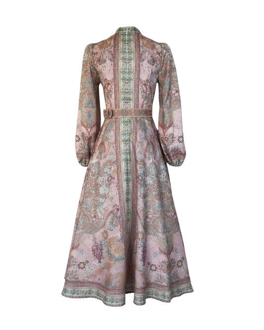 Isaline Tapestry Jeweled Button Belted Maxi Dress