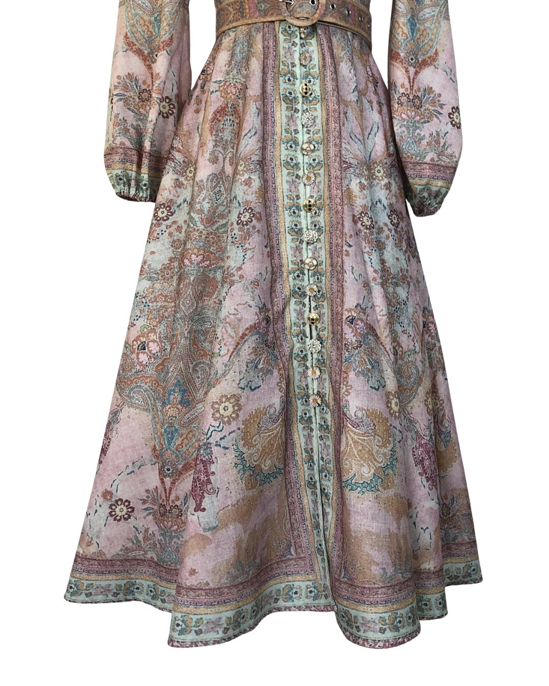 Isaline Tapestry Jeweled Button Belted Maxi Dress