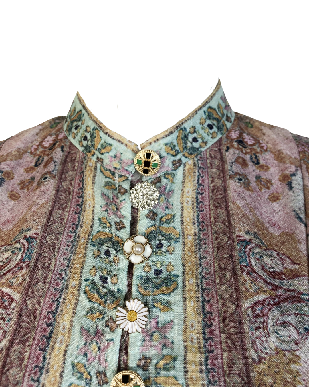 Isaline Tapestry Jeweled Button Belted Maxi Dress