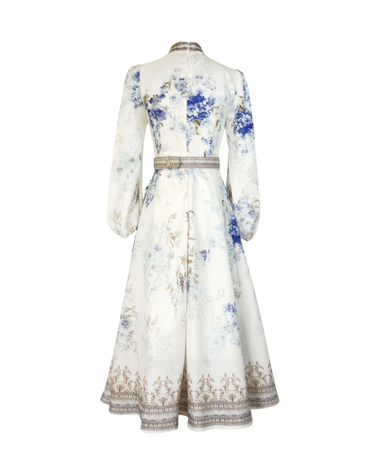 Isaline White Floral Jeweled Button Belted Maxi Dress