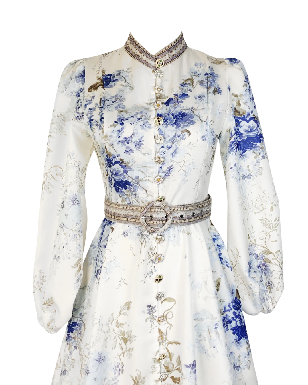 Isaline White Floral Jeweled Button Belted Maxi Dress