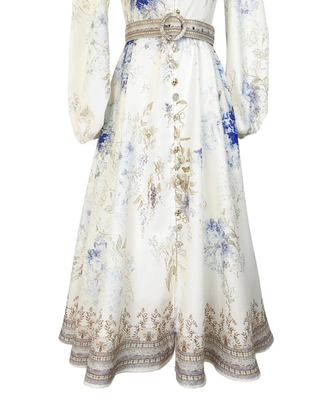 Isaline White Floral Jeweled Button Belted Maxi Dress