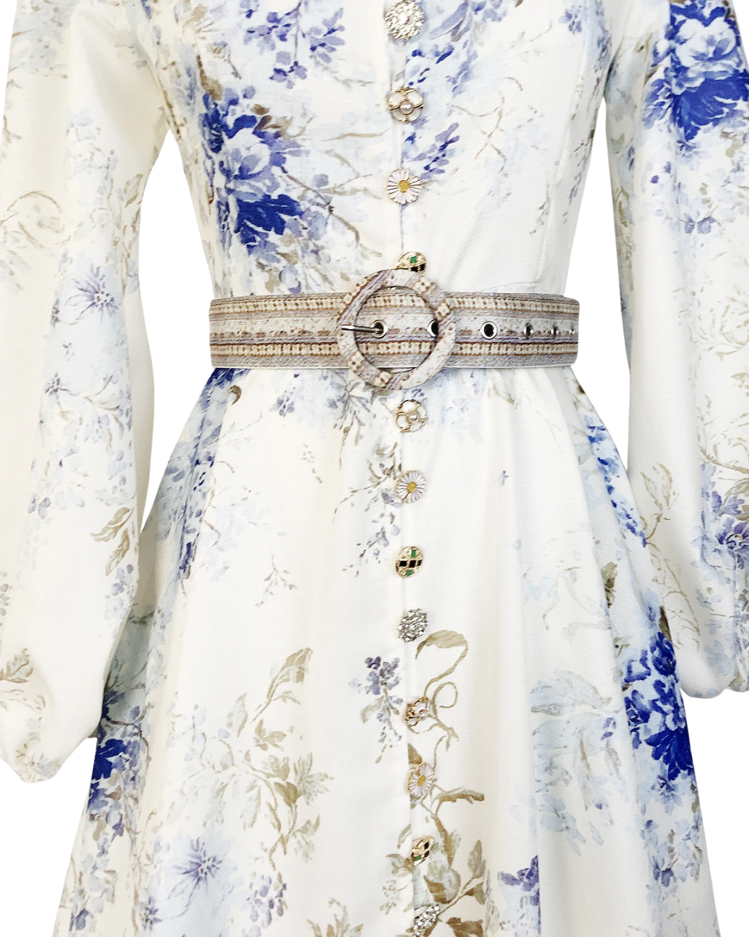 Isaline White Floral Jeweled Button Belted Maxi Dress