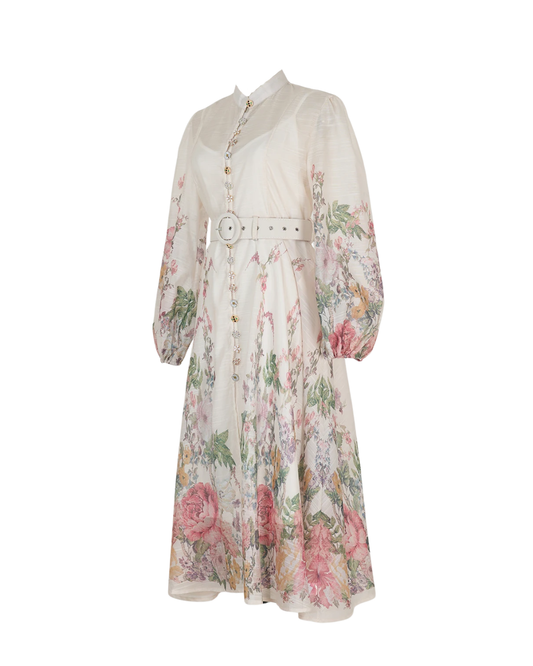 Arlette White Floral Jeweled Button Midi Dress