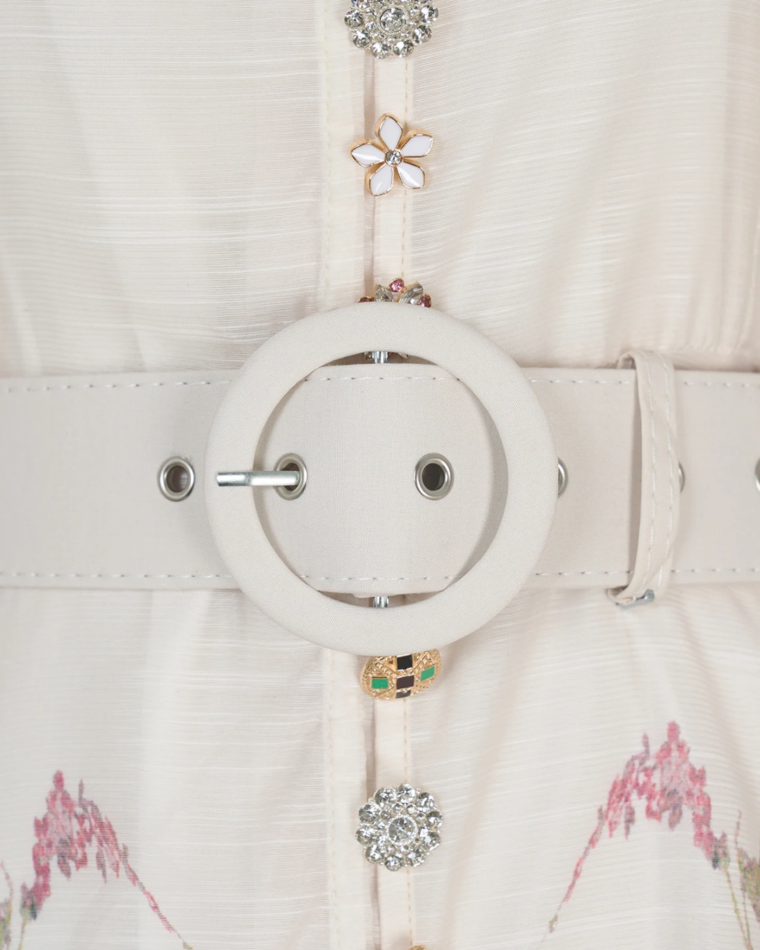 Arlette White Floral Jeweled Button Midi Dress