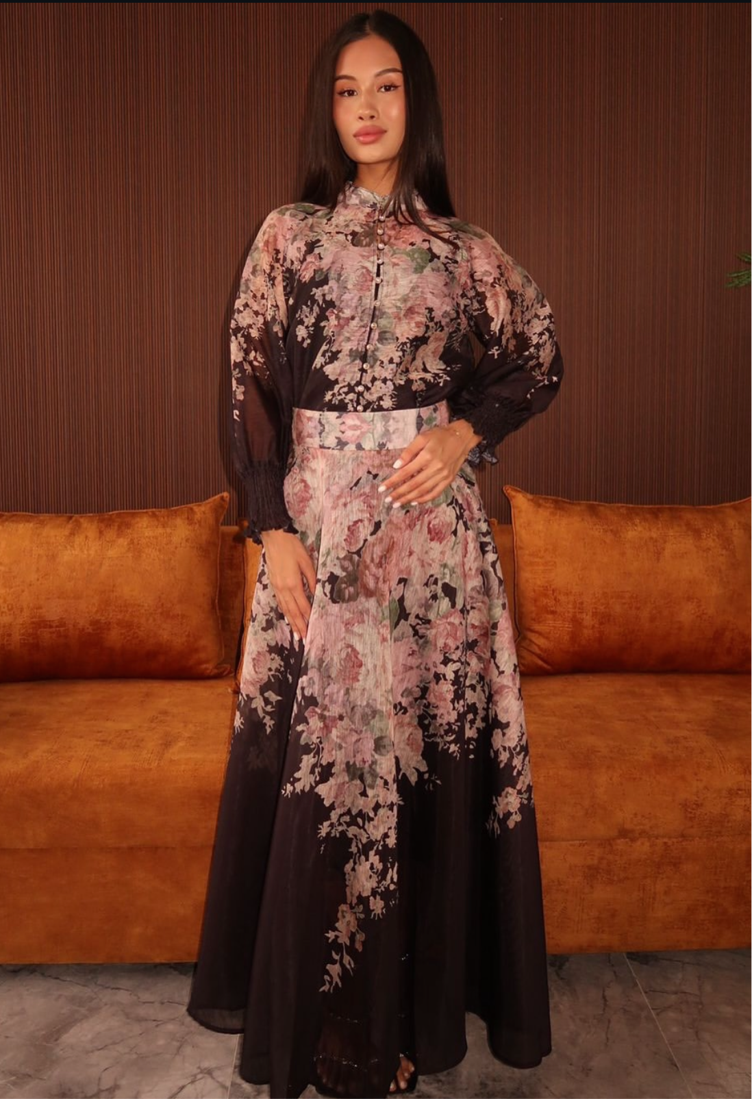 Eliora Black Blossom Soft Floral Maxi Skirt Co-ord