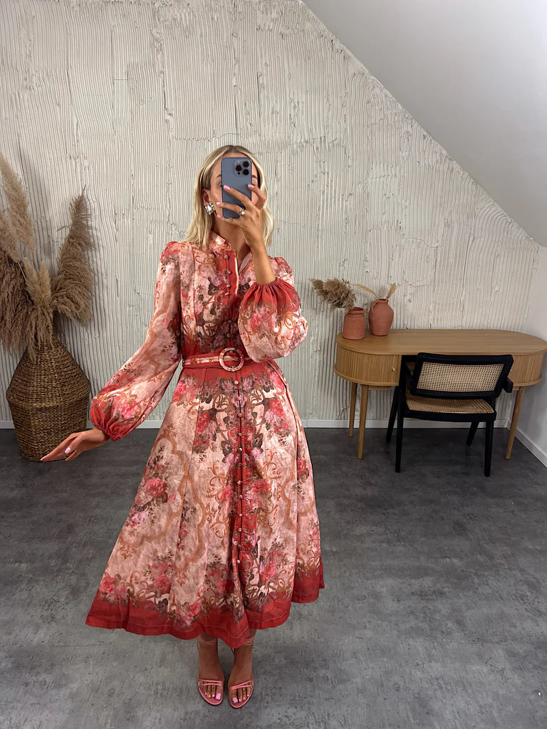 Sabine Red Floral Jeweled Button Maxi Dress
