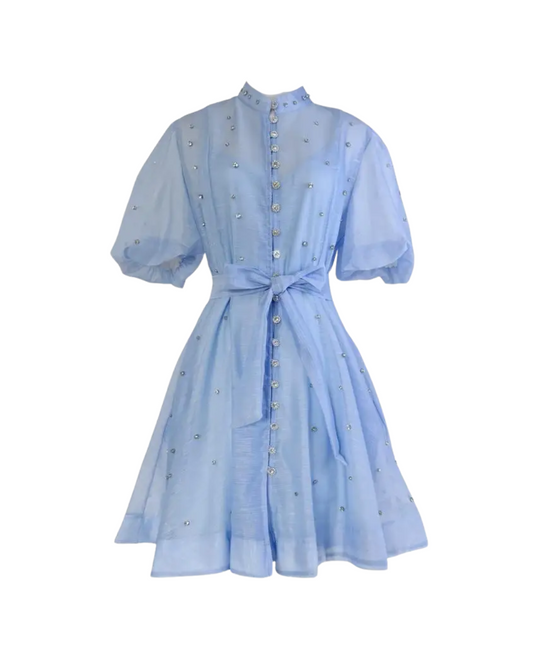 Colette Light Blue Embellished Button Mini Dress