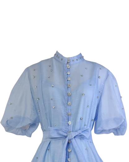Colette Light Blue Embellished Button Mini Dress