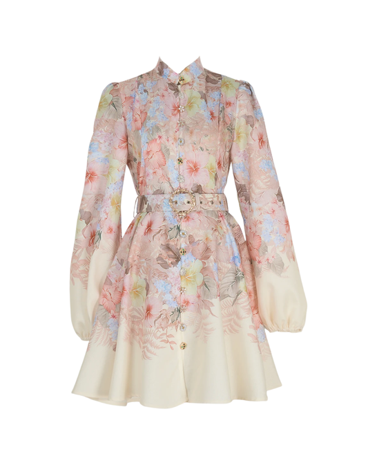 Amélia Pink Floral Jeweled Button Mini Dress