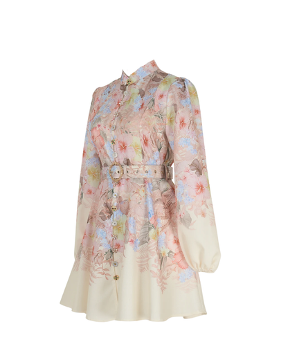 Amélia Pink Floral Jeweled Button Mini Dress