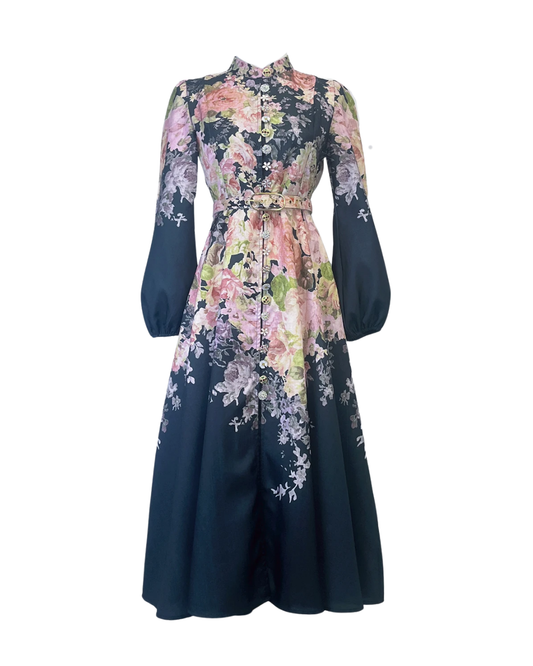 Mireille Navy Floral Jeweled Button Midi Dress