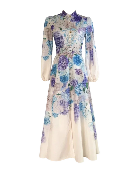 Mireille White Floral Jeweled Button Midi Dress