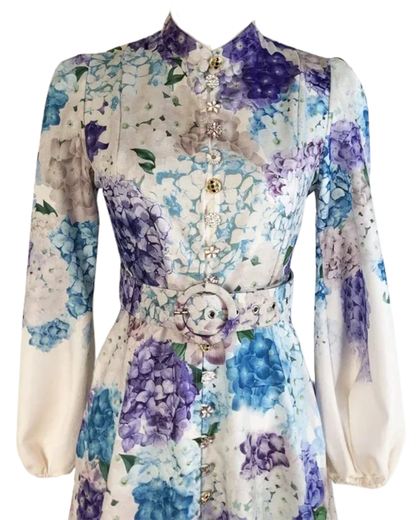 Mireille White Floral Jeweled Button Midi Dress