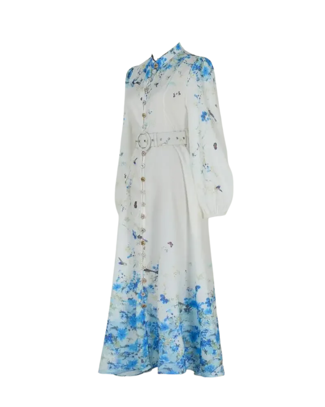 Mireille White Floral Jeweled Button Midi Dress