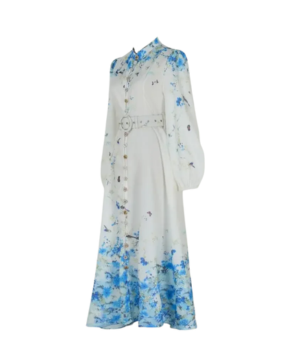 Mireille White Floral Jeweled Button Midi Dress