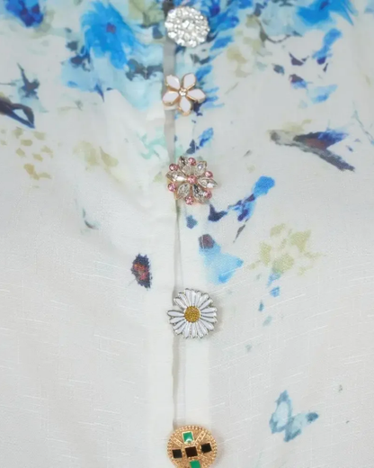 Mireille White Floral Jeweled Button Midi Dress