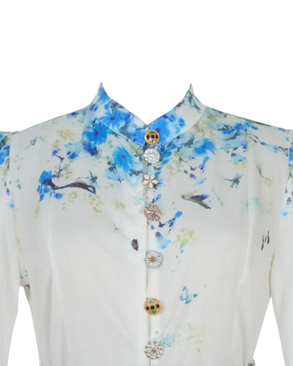 Mireille White Floral Jeweled Button Midi Dress