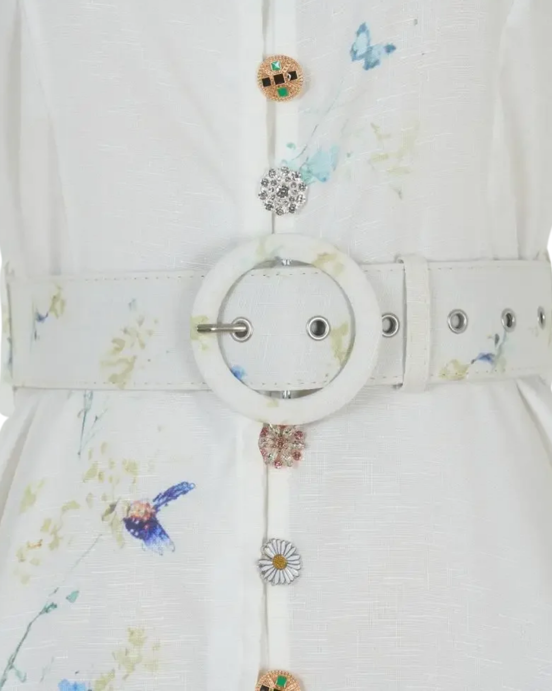 Mireille White Floral Jeweled Button Midi Dress