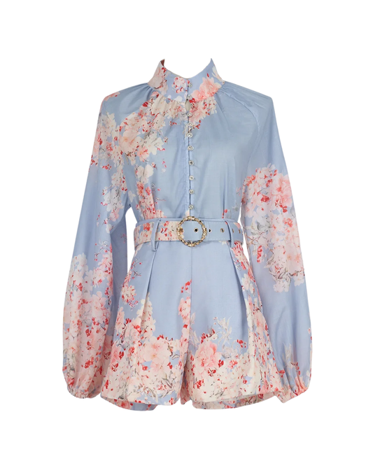 Liora Powder Blue Floral Belted Shirt Co-ord