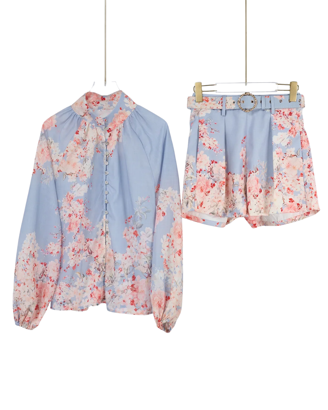 Liora Powder Blue Floral Belted Shirt Co-ord