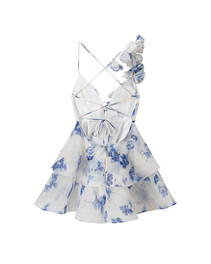 Élodie Blue Floral Frill Backless Mini Dress