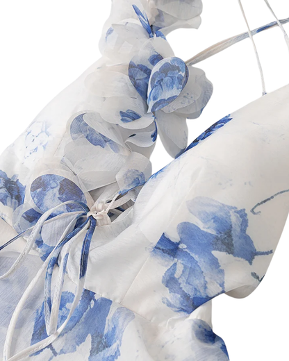 Élodie Blue Floral Frill Backless Mini Dress