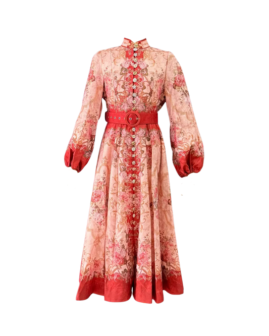 Sabine Red Floral Jeweled Button Maxi Dress