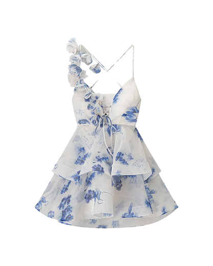 Élodie Blue Floral Frill Backless Mini Dress