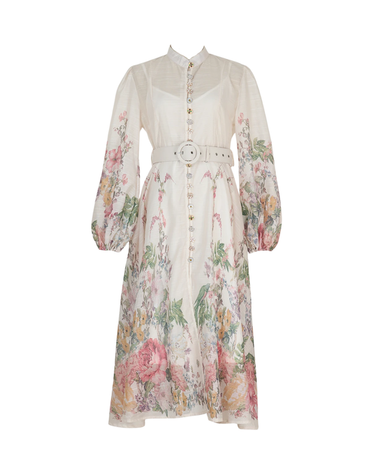 Arlette White Floral Jeweled Button Midi Dress