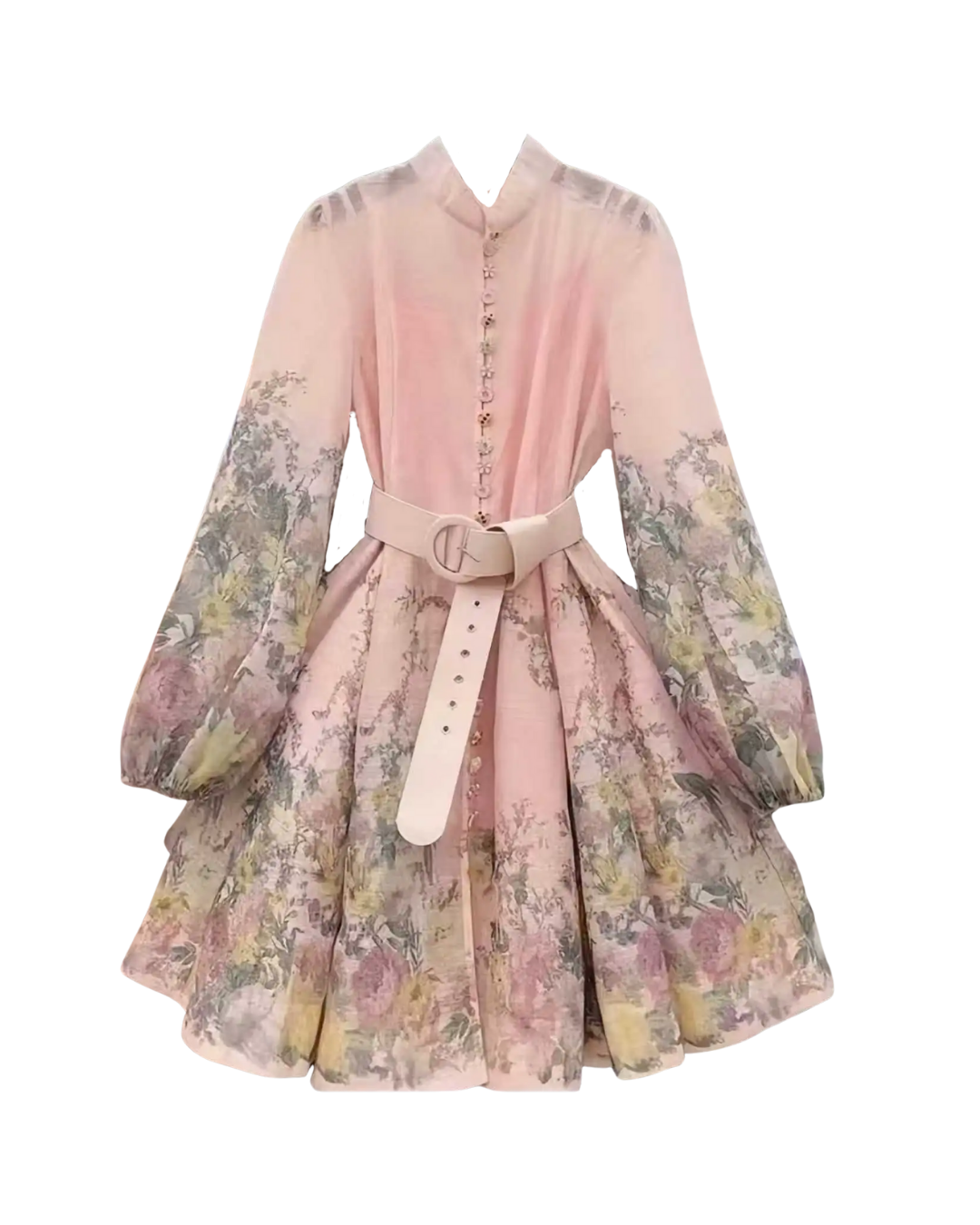 Rias Pink Floral Jeweled Belted Button Mini Dress