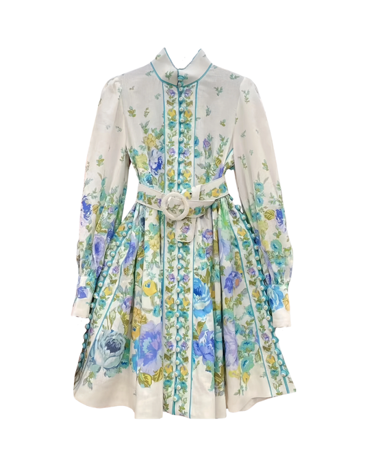 Juliette White Floral Belted Button Mini Dress
