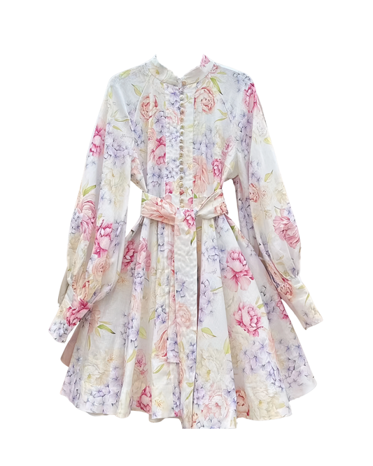 Soléne White Floral Belted Button Mini Dress