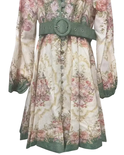 Isadora Sage Floral Belted Button Mini Dress