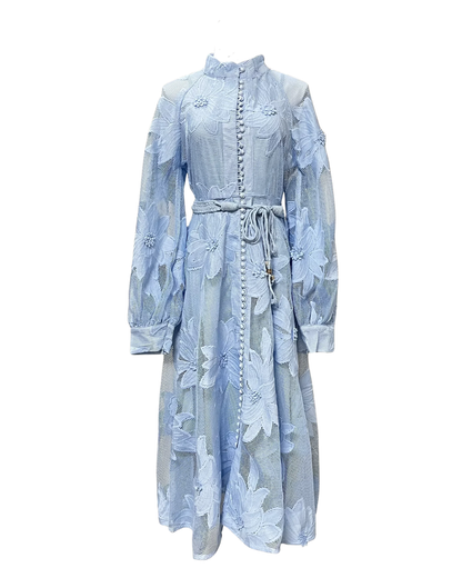 Anais Blue Lace Flower Detailed Rope Belt Midaxi Dress