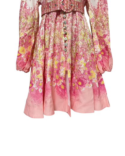 Isadora Pink Floral Jeweled Button Mini Dress