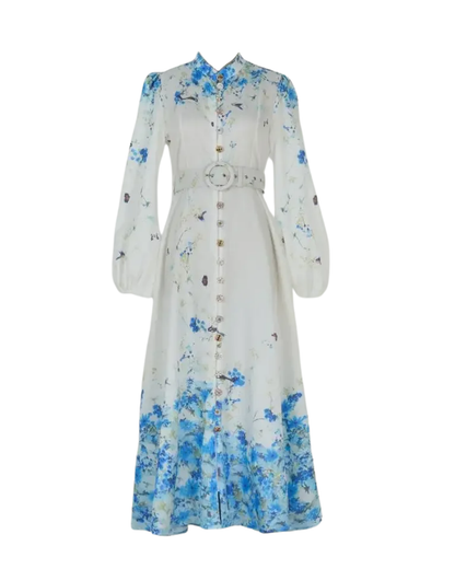 Mireille White Floral Jeweled Button Midi Dress