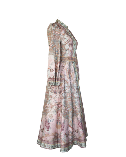 Isaline Tapestry Jeweled Button Belted Maxi Dress