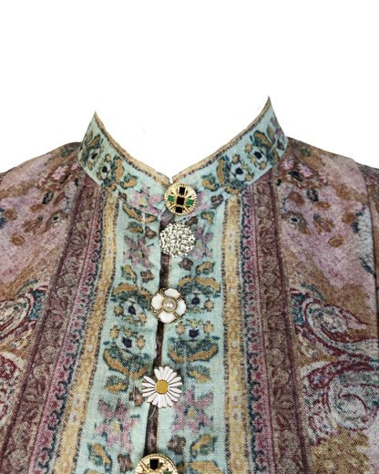 Isaline Tapestry Jeweled Button Belted Maxi Dress
