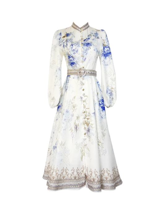Isaline White Floral Jeweled Button Belted Maxi Dress
