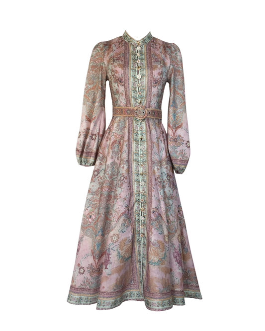 Isaline Tapestry Jeweled Button Belted Maxi Dress