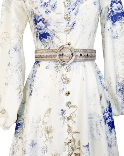 Isaline White Floral Jeweled Button Belted Maxi Dress