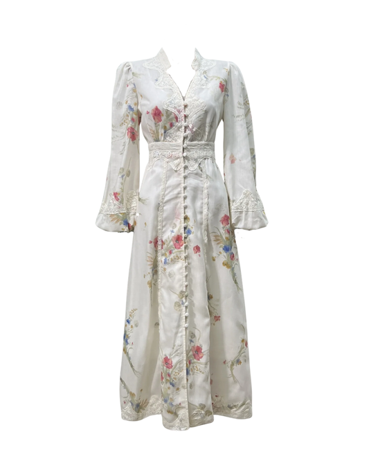 Edna White Floral Lace Detailed Button Maxi Dress