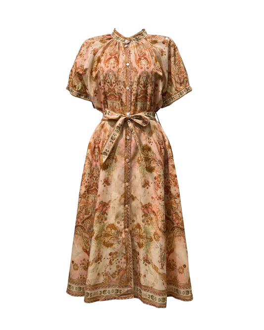 Rome Burnt Orange Pattern Belted Midaxi Dress