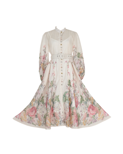 Arlette White Floral Jeweled Button Midi Dress