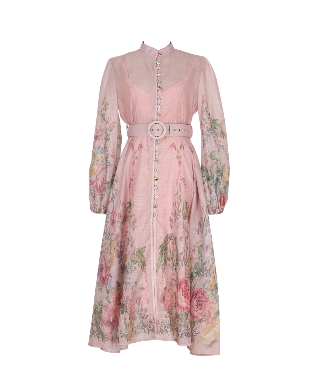 Arlette Pink Floral Jeweled Button Midi Dress