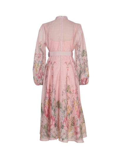 Arlette Pink Floral Jeweled Button Midi Dress