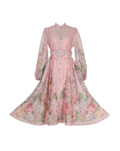 Arlette Pink Floral Jeweled Button Midi Dress